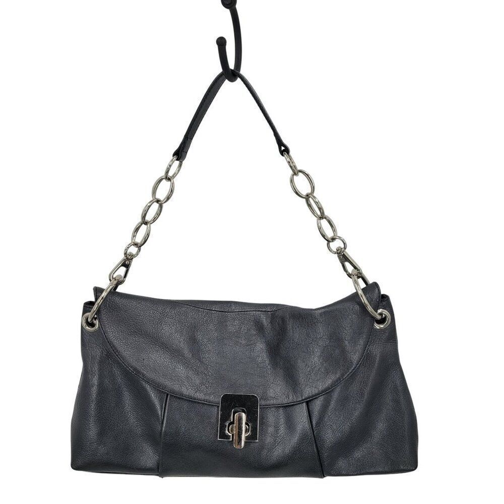 Kate Landry Metallic‎ Gun Metal Leather Shoulder Bag Chain Strap Baguette Baddie